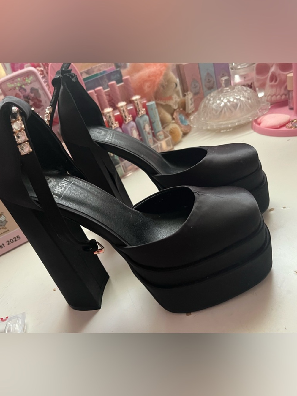 Versace Black Satin Platform Block Heel Pumps